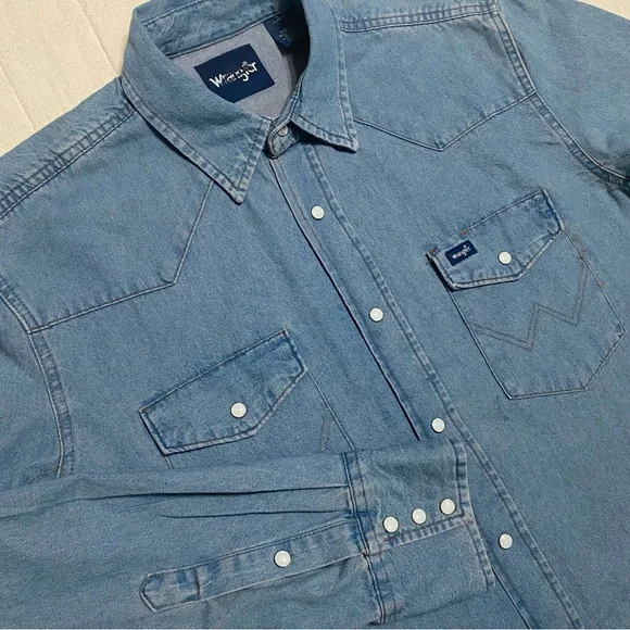Wrangler Men's Stonewash Cowboy Cut Snap Front Long Sleeve Cotton Shirt Size L - Picture 3 of 15